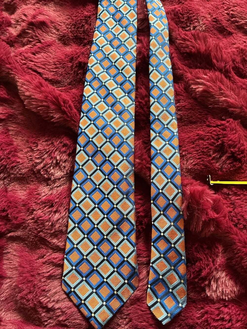 XMI Platinum Blue and Orange Geometric Diamond Pattern Silk Necktie A783